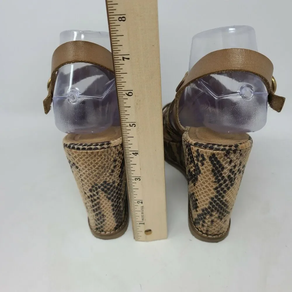 Andre Assous Spain Leather Stappy Sandal Snake Print Brown Tan Wedges Size 10